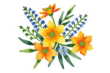 Watercolor Flower Bouquet Illustration - Yellow, Orange, and Blue Floral Arrangement - Hand Painted Spring Flowers Perfect for Cards and Designs