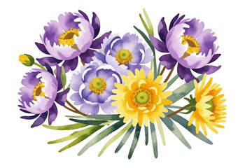 Watercolor Flower Bouquet Illustration - Purple and Yellow Floral Arrangement - Hand Painted Botanical Design for Spring and Summer Projects