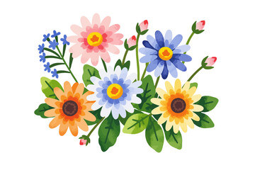 Watercolor Flower Bouquet Illustration - Vibrant Floral Arrangement with Daisies and Buds - Ideal for Spring Designs and Botanical Art Projects