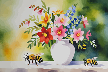Watercolor Flower Bouquet with Bees - Delicate Floral Still Life Painting - Vibrant Colors in a White Vase - Artwork Featuring Red, Pink, and Blue Flowers