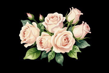 Watercolor Painting of Light Pink Roses- Elegant Floral Arrangement with Green Leaves- Perfect for Wedding Invitations and Romantic Designs- Delicate Rose Bouquet Illustration