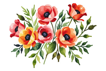 Watercolor Poppy Flowers Bouquet Illustration- Beautiful Floral Arrangement with Red, Yellow, and Orange Blooms- Delicate Botanical Artwork for Spring and Summer Designs