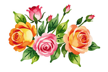 Watercolor Rose Bouquet Illustration- Colorful Roses with Leaves- Perfect for Floral Designs- Use for Weddings, Invitations, and Scrapbooking Projects