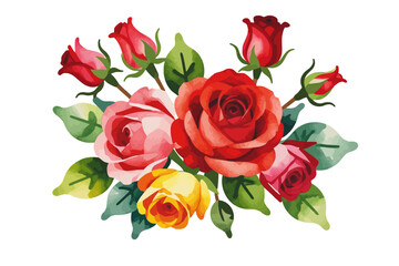 Watercolor Roses Bouquet Illustration - Red, Pink and Yellow Floral Arrangement with Green Leaves - Delicate Watercolor Rose Clipart for Wedding Invitations and Floral Designs