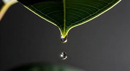 Water Droplets Suspended Below a Pointed Leaf in a Macro Shot