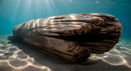 Submerged Timber With Sun Rays Illuminating Sandy Seabed Beneath Surface
