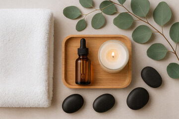 Relaxing Spa Flatlay with Candle, Oil and Hot Stones
