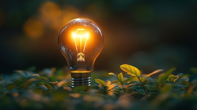 Sustainable innovation light bulb glowing on green plants representing environmental power and creativity - Powered by Adobe