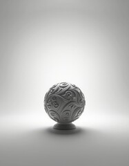 Ornate metallic sphere with intricate patterns displayed on a pedestal in a minimalistic, well-lit setting.