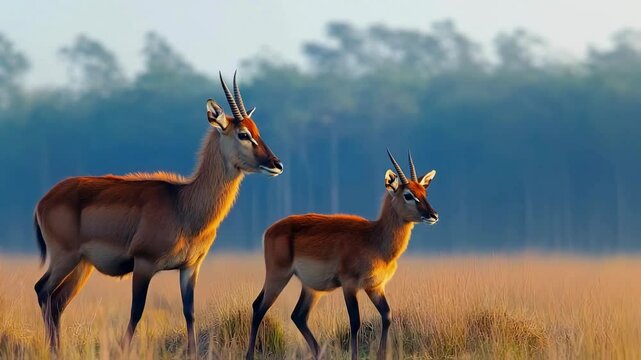 Majestic Red Lechwe Antelopes in Golden Hour Savanna Landscape