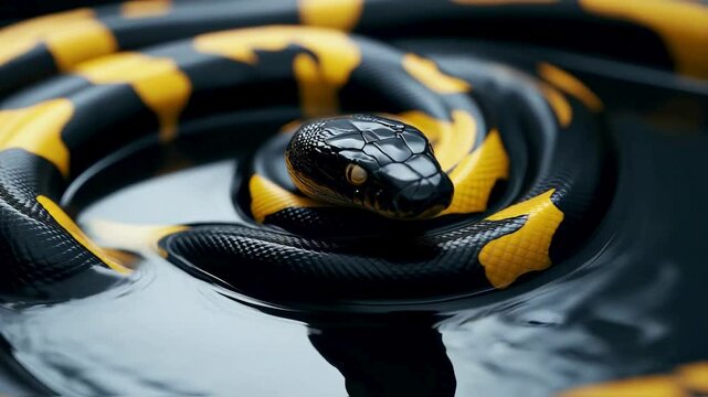 Black and Yellow Python Snake Coiled in Water Reflection