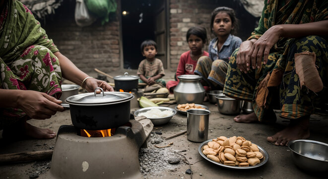 Impoverished Bangladesh family sitting outside home preparing to cook a meal for dinner, poverty stricken and meager food resources. 