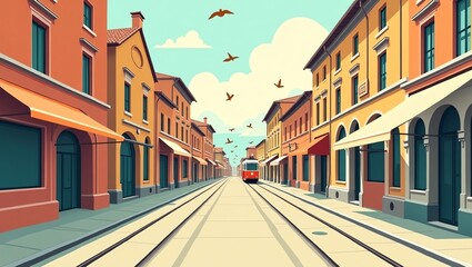 Obraz premium Cityscape Illustration with Tram and Buildings on a Sunny Day