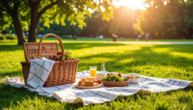 Cozy picnic blanket on grass, wicker basket, homemade snacks, gentle sunlight, natural outdoor setting
