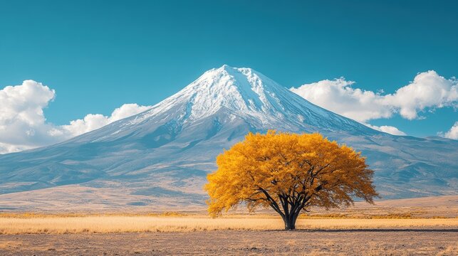 Serene landscape featuring golden tree against snowy mountain under blue sky peaceful meadow vibrant foliage - Powered by Adobe