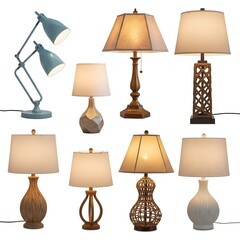 Modern Desk Lamps Collection Featuring Various Styles and Colors for Home Office. Contemporary desk lamp collection showcasing adjustable task lighting in multiple colors.