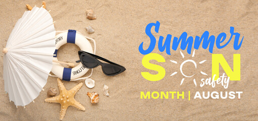 Composition with mini umbrella, lifebuoy, sunglasses and seashells on sand