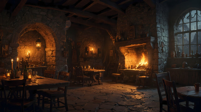 Interior of a fantasy medieval stone tavern within a Dungeons and Dragons castle. Generative AI