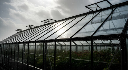 Obraz premium Greenhouse In The Rain With Dramatic Sky And Weather Conditions