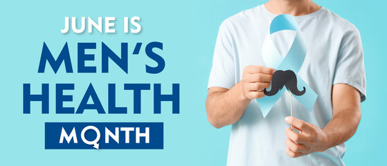 Young man with blue ribbon and paper mustache on color background, closeup. Prostate cancer awareness concept