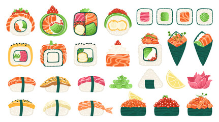 Sushi cartoon set. Traditional Asian Japanese food big set. Sushi seafood different types Philadelphia, maki roll, California, nigiri sashimi flat textured vector for oriental menu cafe bar restaurant