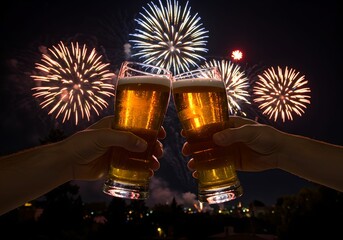 綺麗な花火を眺めながらビールで乾杯