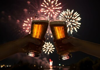 綺麗な花火を眺めながらビールで乾杯