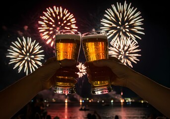 綺麗な花火を眺めながらビールで乾杯