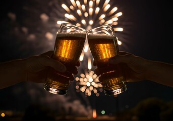 綺麗な花火を眺めながらビールで乾杯