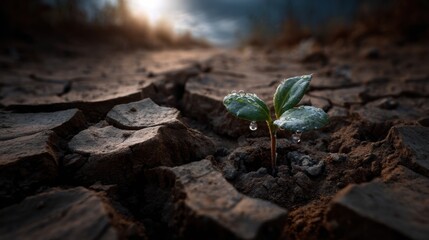 Hope's Emerging: A single, vibrant seedling pushes through cracked earth, a testament to resilience and the enduring power of life in a dry landscape.