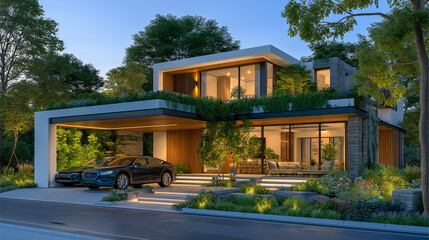 Fototapeta premium Contemporary Home in Natural Setting: A stunning, modern residence blends seamlessly with its natural surroundings.