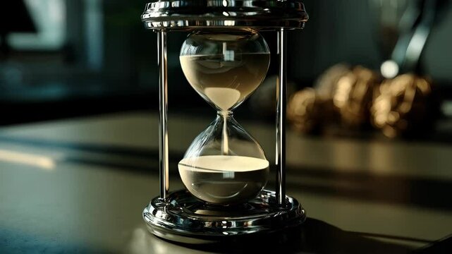 Elegant hourglass with chrome finish on a table, white sand flowing down, time management and deadlines concept, blurry background with gold decoration.