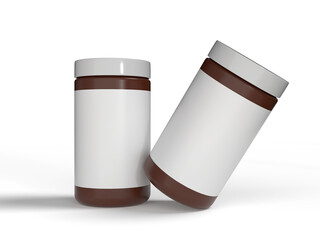 Plastic bottle jar for pills and supplements mockup packaging 3d for medicine and vitamin with blank label. Template of round closed container pharmacy capsule, pill capsule cylinder, whey protein