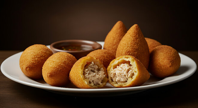 A plate of traditional Brazilian coxinhas with dipping sauce