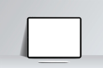 3D tablet, pen digital device mockup with blank screen isolated on background. Realistic, high quality pad empty display template for ui, ux, app, ads, banner marketing, website. Vector illustration

