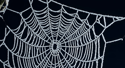 Frozen Web Shimmers Against Dark Backdrop Displaying Winter's Intricate Beauty