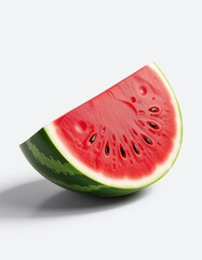 A juicy slice of ripe watermelon with seeds, displayed against a plain light background.