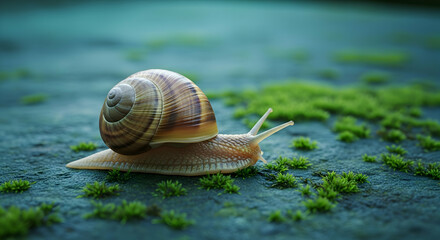 Snail Crawling Through Moss Patches On An Unusual Surface Close Up