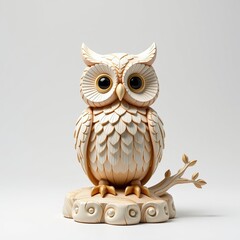 Obraz premium A detailed wooden owl sculpture with intricate feather patterns sits on a carved branch against a plain background.