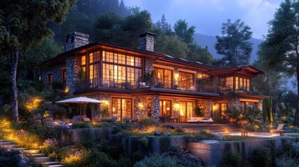 Fototapeta premium Luxury Mountainside Estate at Dusk