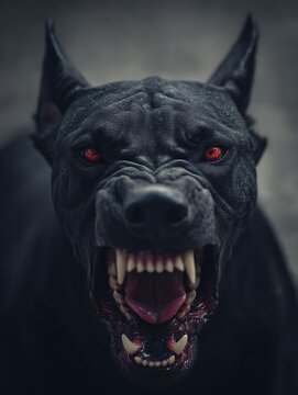 Intense Close Up of a Black Dog with Glowing Red Eyes and Bared Teeth.