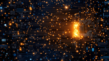 Fototapeta premium Digital Symphony: An intricate network of circuits pulses with light, its interconnected pathways igniting a visual ode to technology's boundless potential.