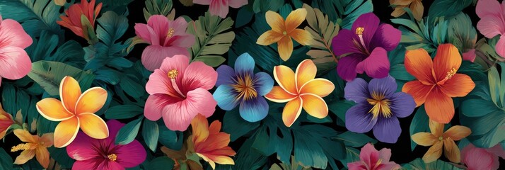 Vivid tropical flowers bloom densely on lush, dark green foliage, creating a vibrant, exotic pattern
