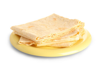 Plate with fresh thin lavash on white background