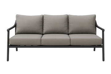 Fototapeta premium Comfortable modern sofa with three gray cushions and black metal frame isolated on transparent background, perfect for interior design projects