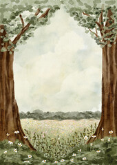 Vintage Landscape Trees and Flower Meadow Watercolor Painting