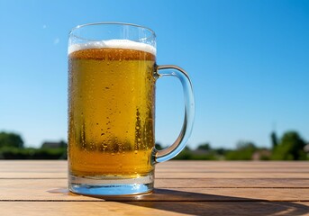 青空の下　ビアガーデンで冷えたビールを楽しむ