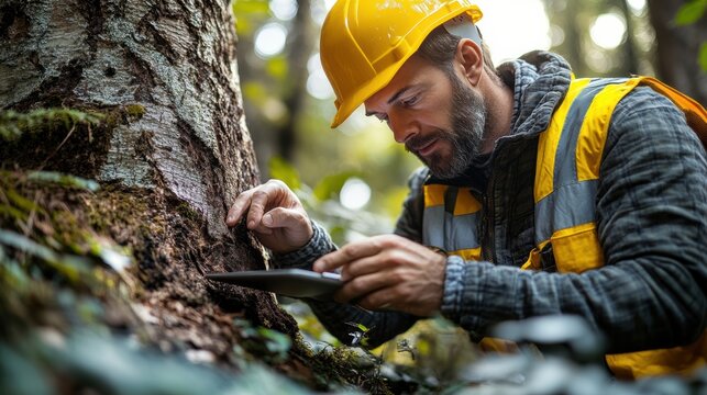 Forester in forest studying trees using digital tablet for forestry research and data collection