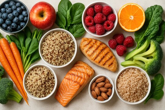 Vibrant flat lay arrangement of fresh colorful fruits vegetables whole grains and lean proteins beautifully displayed to promote healthy eating and balanced nutrition.