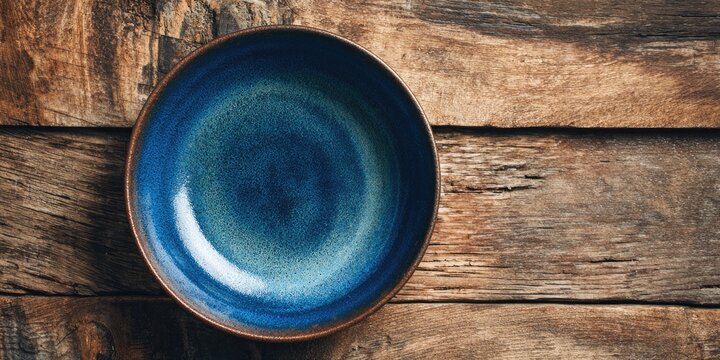 Empty dark-blue ceramic bowl on rustic wooden surface